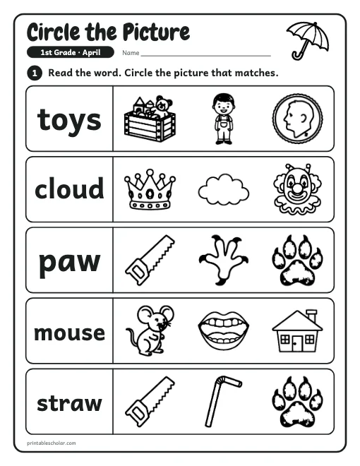 Circle the Picture: 1st grade reading worksheet preview