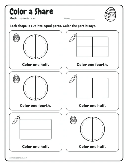 Color a Share: 1st grade math worksheet preview