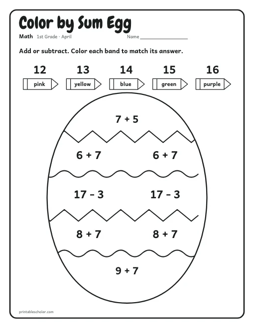 Color by Sum Egg: 1st grade math worksheet preview