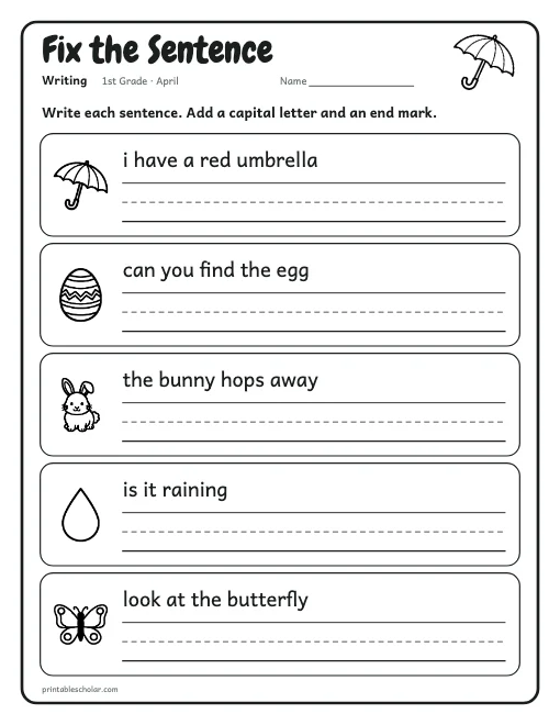 Fix the Sentence: 1st grade writing worksheet preview