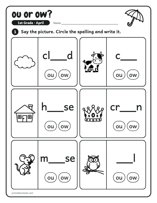 ou or ow?: 1st grade reading worksheet preview