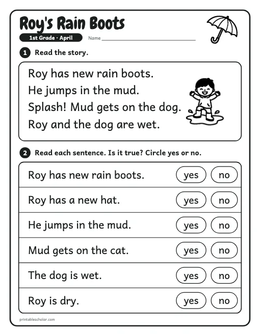 Roy's Rain Boots: 1st grade reading worksheet preview