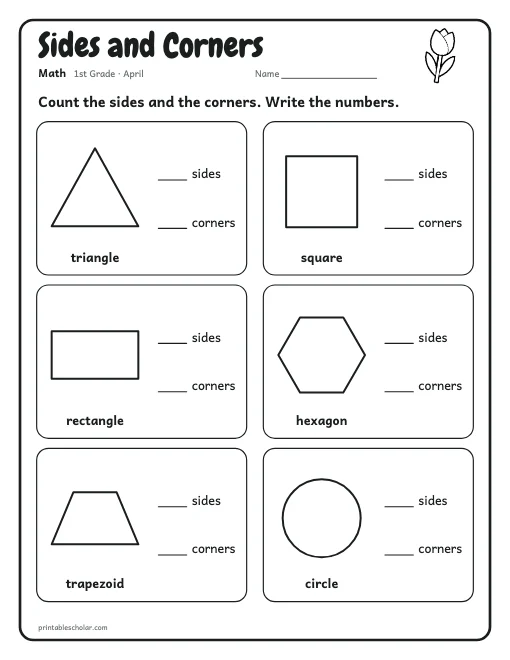 Sides and Corners: 1st grade math worksheet preview