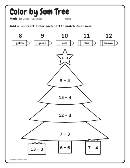 Color by Sum Tree: 1st grade math worksheet preview