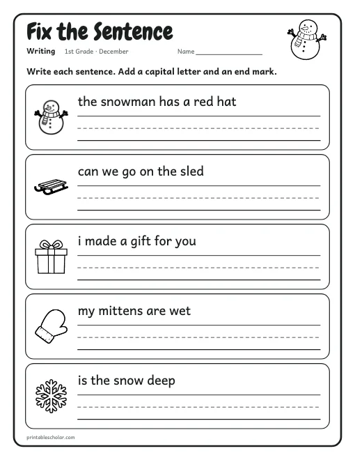 Fix the Sentence: 1st grade writing worksheet preview