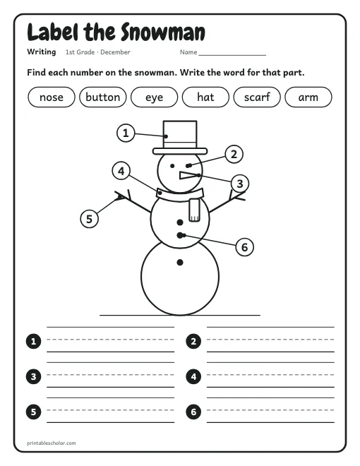 Label the Snowman: 1st grade writing worksheet preview