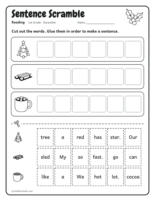 Sentence Scramble: 1st grade reading worksheet preview