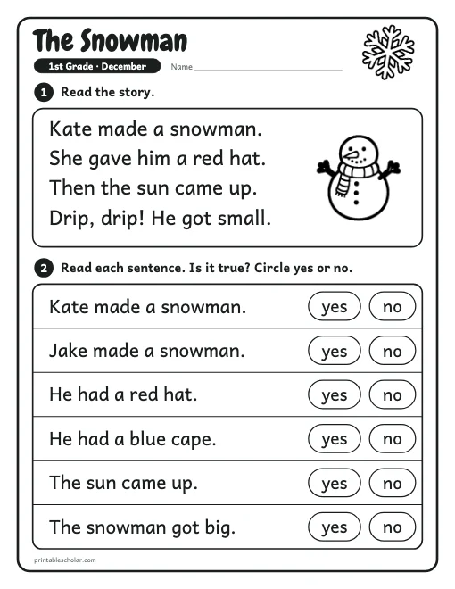 The Snowman: 1st grade reading worksheet preview