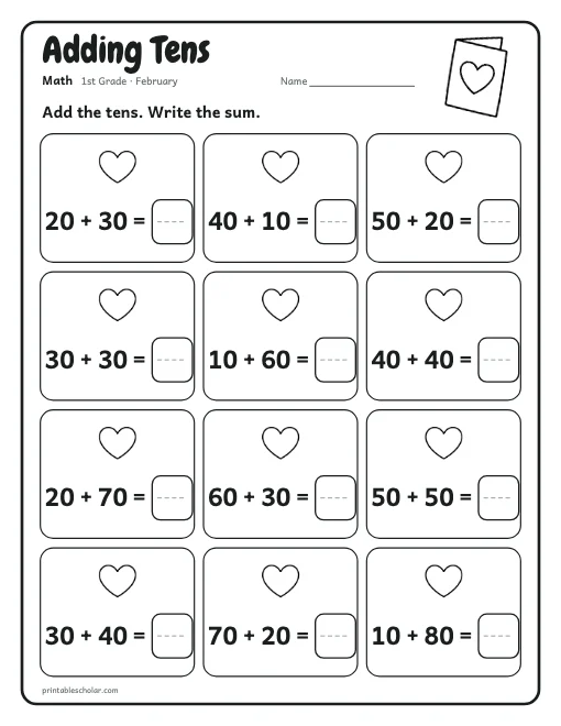 Adding Tens: 1st grade math worksheet preview