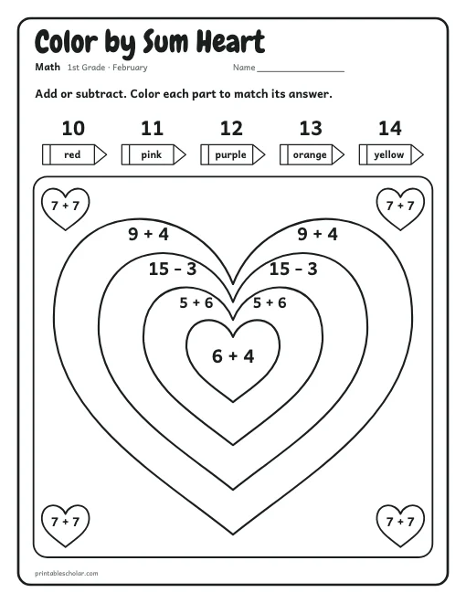 Color by Sum Heart: 1st grade math worksheet preview