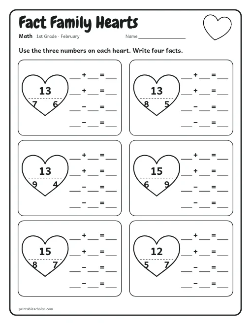 Fact Family Hearts: 1st grade math worksheet preview