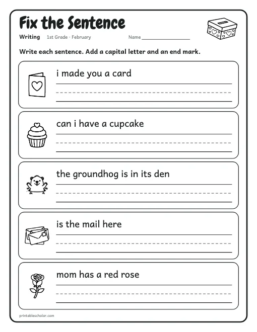 Fix the Sentence: 1st grade writing worksheet preview
