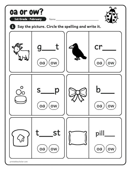 oa or ow?: 1st grade reading worksheet preview