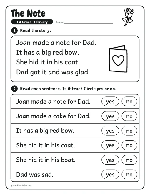 The Note: 1st grade reading worksheet preview