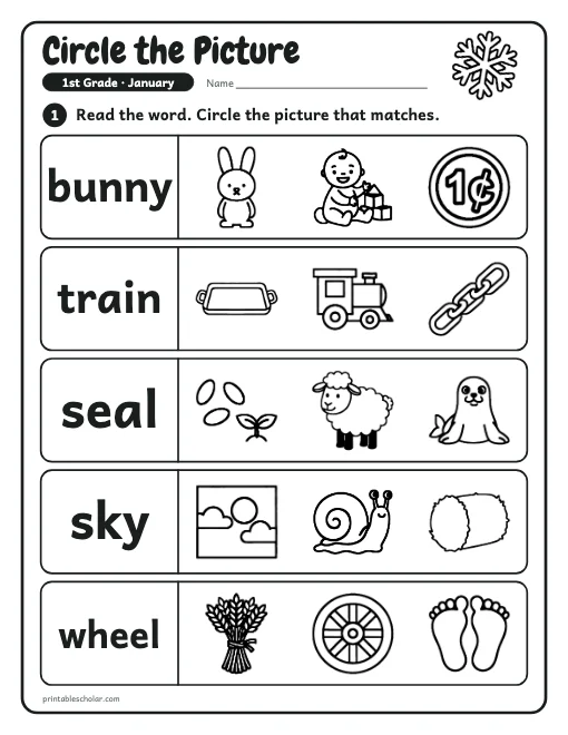 Circle the Picture: 1st grade reading worksheet preview
