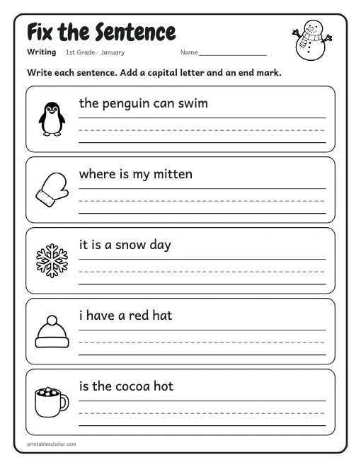 Fix the Sentence: 1st grade writing worksheet preview