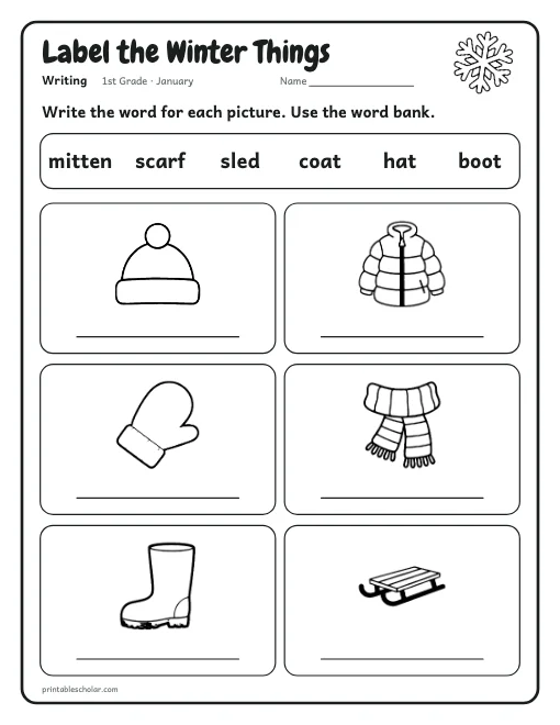 Label the Winter Things: 1st grade writing worksheet preview