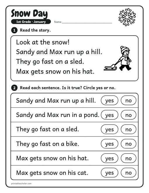 Snow Day: 1st grade reading worksheet preview