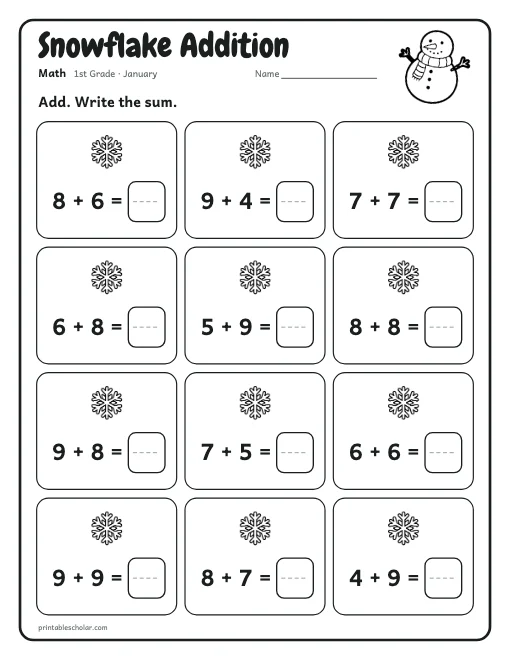 Snowflake Addition: 1st grade math worksheet preview