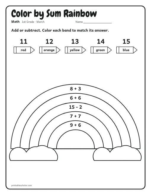 Color by Sum Rainbow: 1st grade math worksheet preview