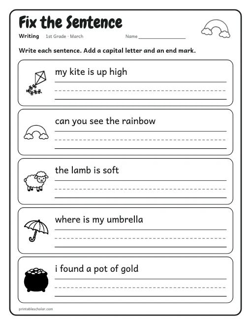 Fix the Sentence: 1st grade writing worksheet preview