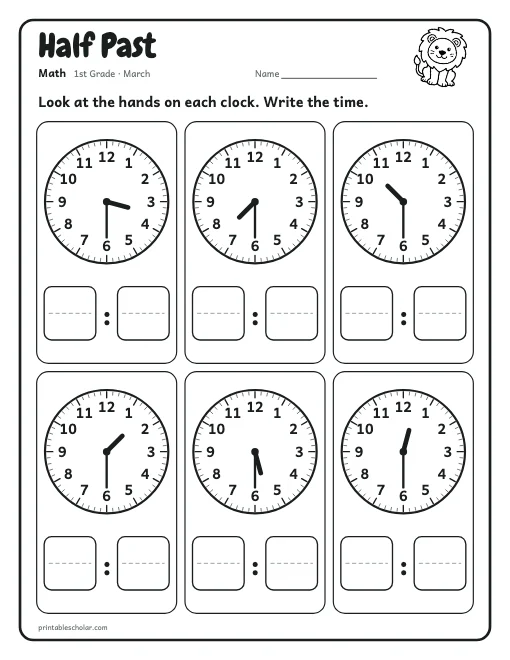 Half Past: 1st grade math worksheet preview
