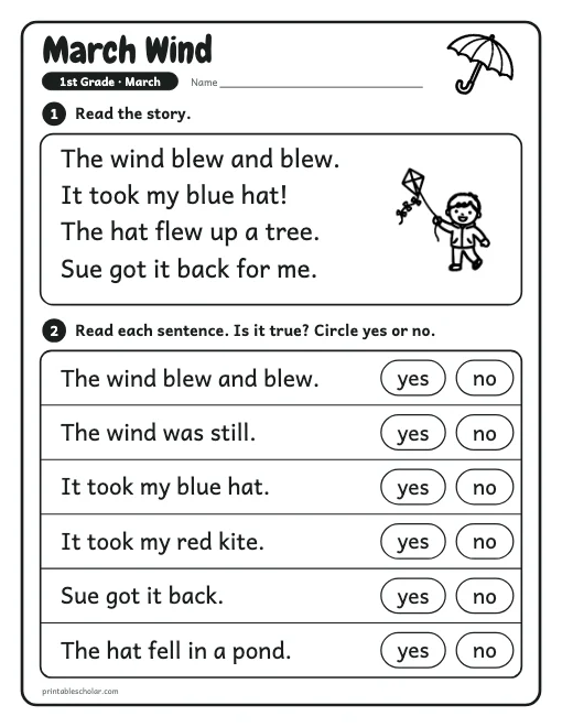 March Wind: 1st grade reading worksheet preview