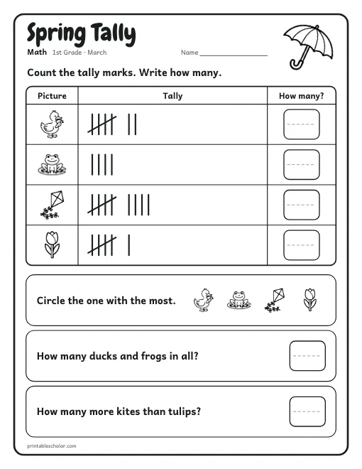 Spring Tally: 1st grade math worksheet preview