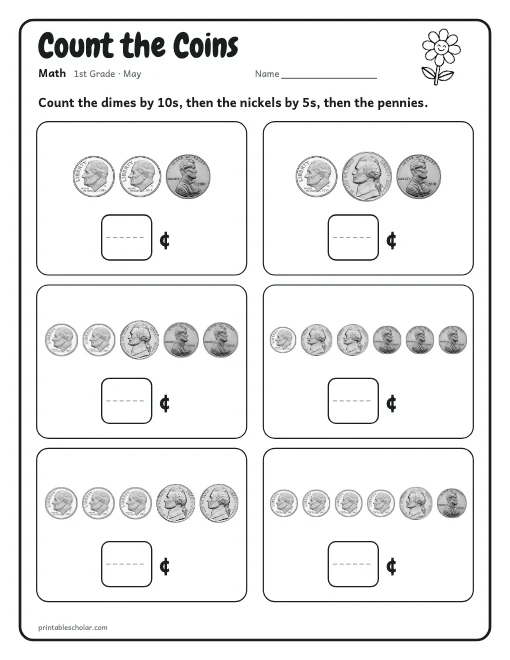 Count the Coins: 1st grade math worksheet preview