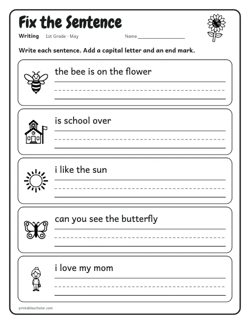 Fix the Sentence: 1st grade writing worksheet preview