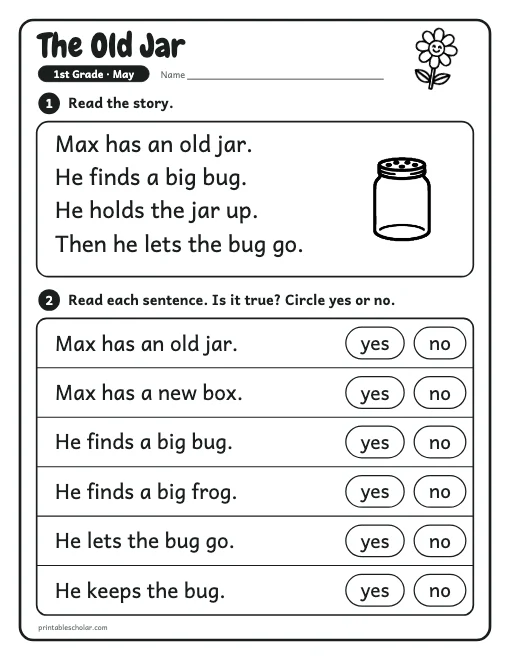 The Old Jar: 1st grade reading worksheet preview