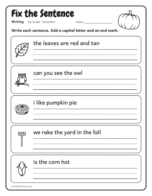 Fix the Sentence: 1st grade writing worksheet preview