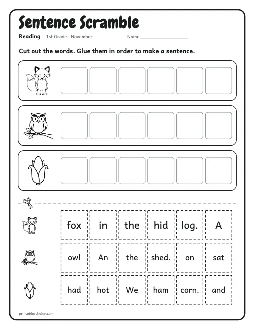 Sentence Scramble: 1st grade reading worksheet preview