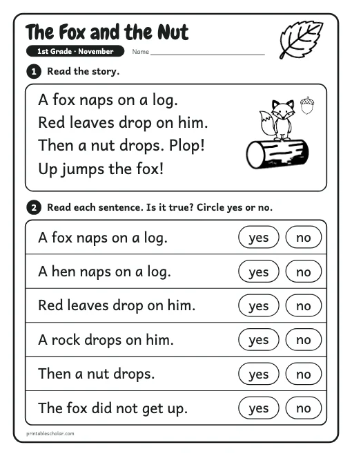 The Fox and the Nut: 1st grade reading worksheet preview