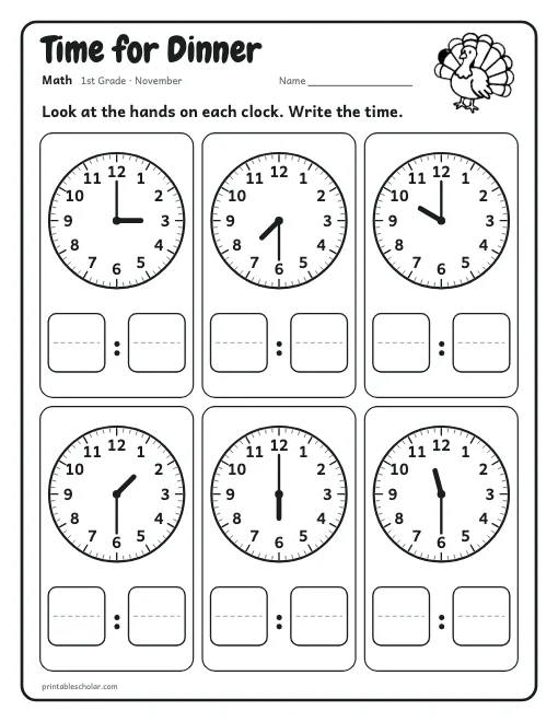 Time for Dinner: 1st grade math worksheet preview