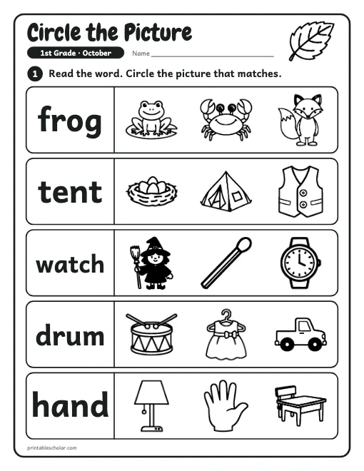 Circle the Picture: 1st grade reading worksheet preview