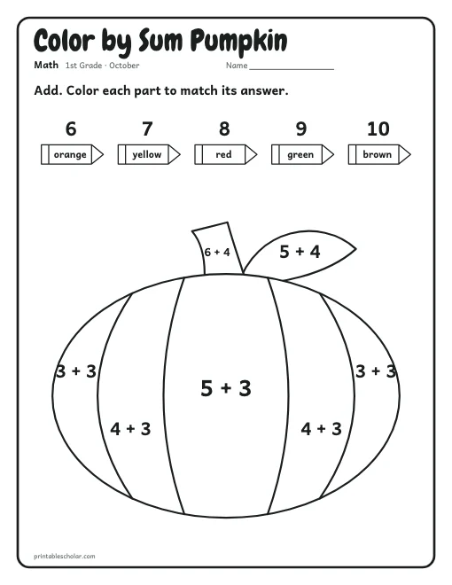 Color by Sum Pumpkin: 1st grade math worksheet preview