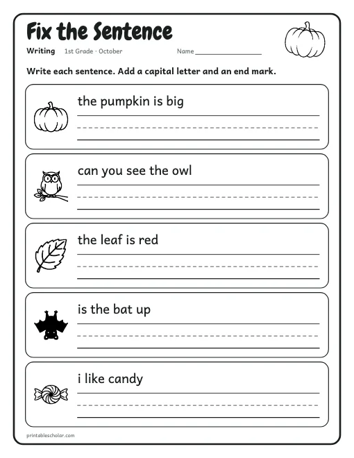 Fix the Sentence: 1st grade writing worksheet preview