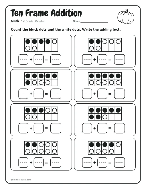 Ten Frame Addition: 1st grade math worksheet preview