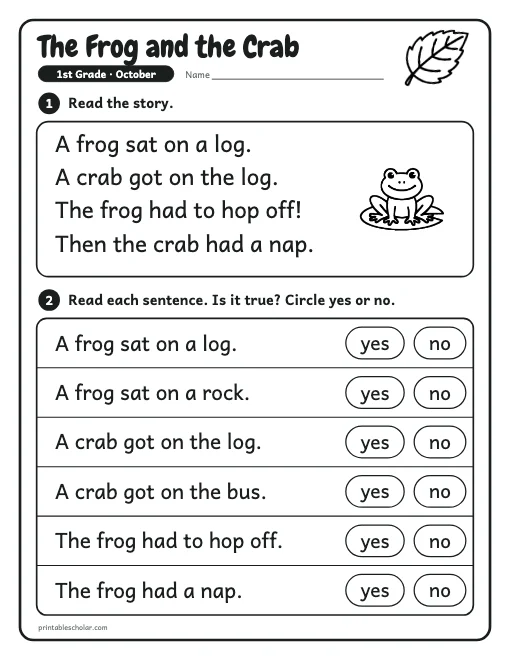 The Frog and the Crab: 1st grade reading worksheet preview