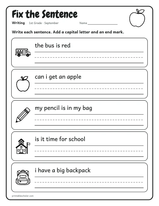 Fix the Sentence: 1st grade writing worksheet preview