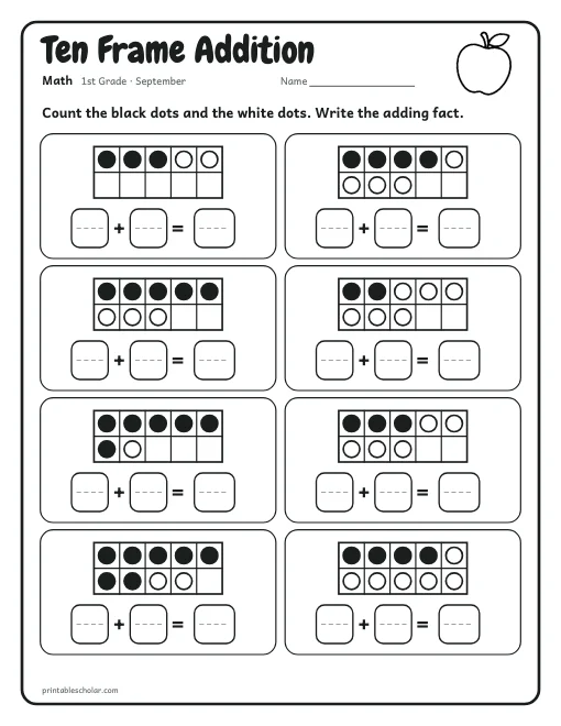Ten Frame Addition: 1st grade math worksheet preview