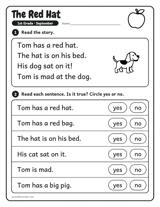 The Red Hat: 1st grade reading worksheet preview