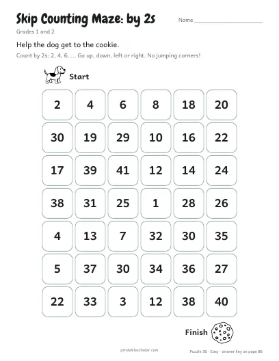 Skip Counting Maze: by 2s printable preview