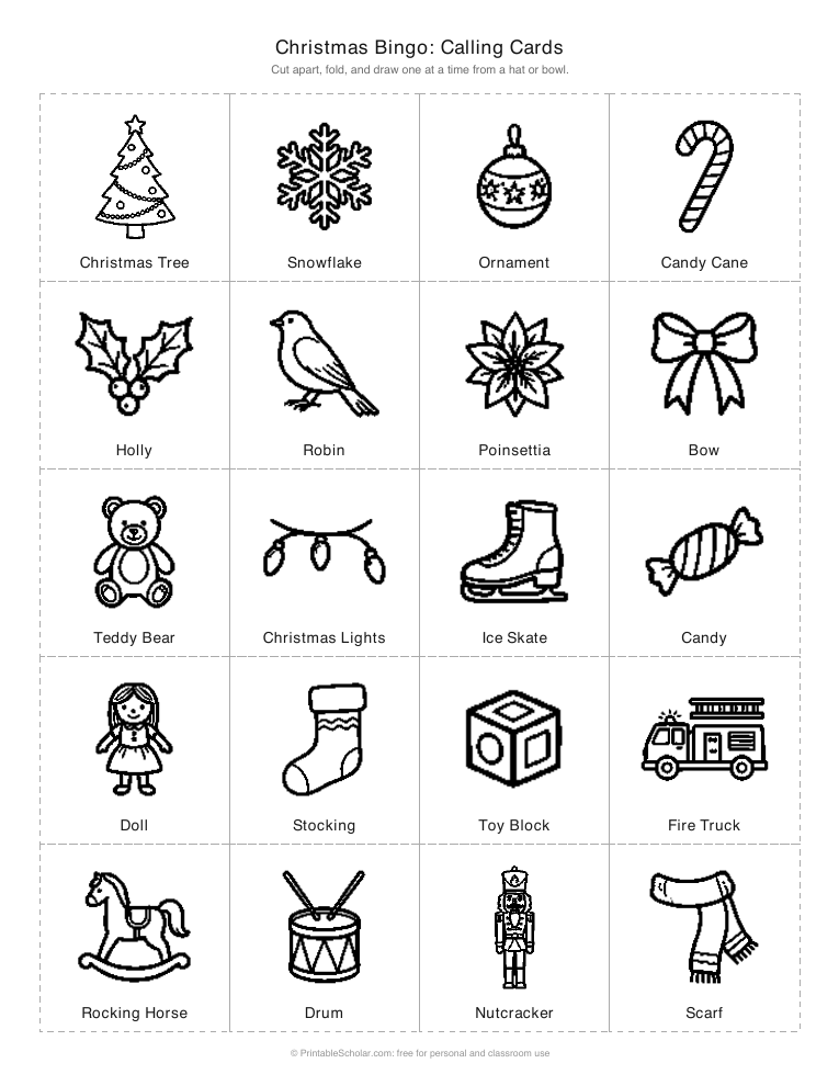 Christmas bingo calling cards printable: cut-apart picture cards for the caller
