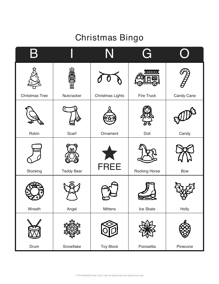 Christmas bingo card printable with pictures: 5x5 picture bingo card with a FREE space