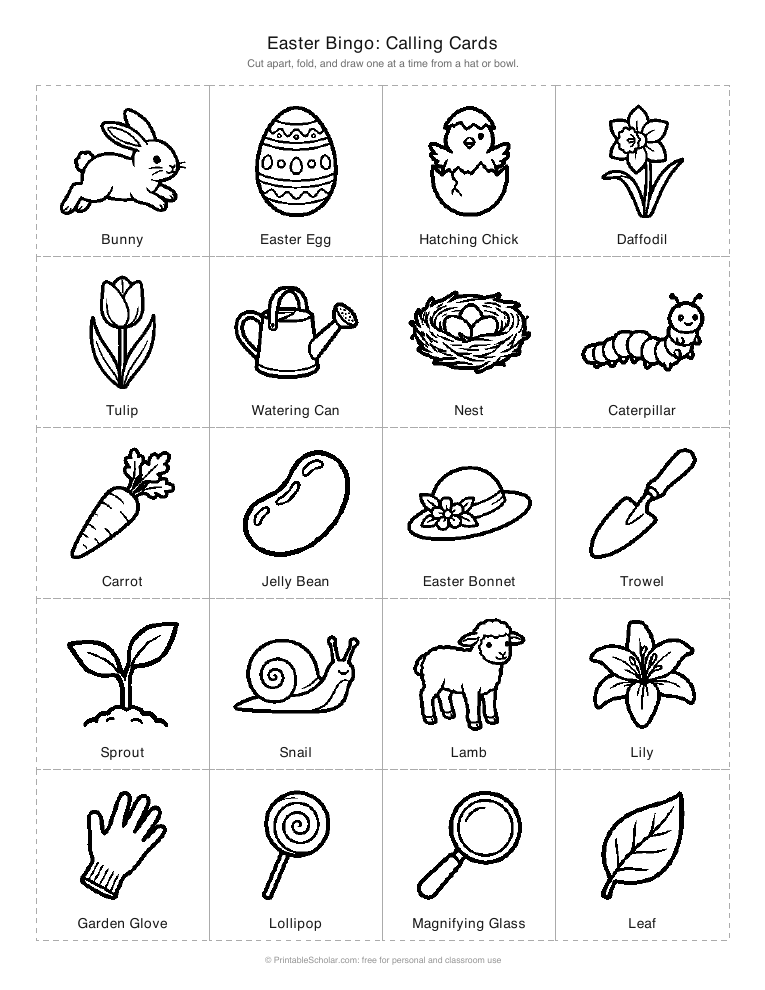 Easter bingo calling cards printable: cut-apart picture cards for the caller