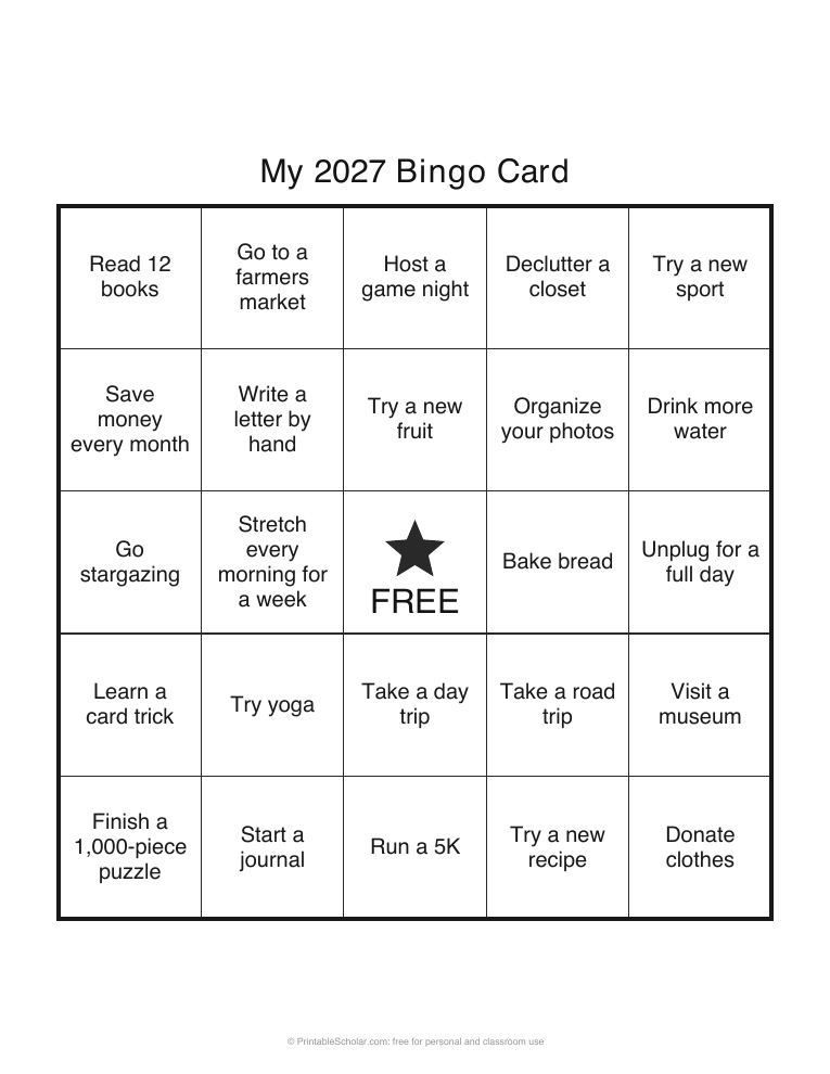 2027 Bingo Card printable card preview