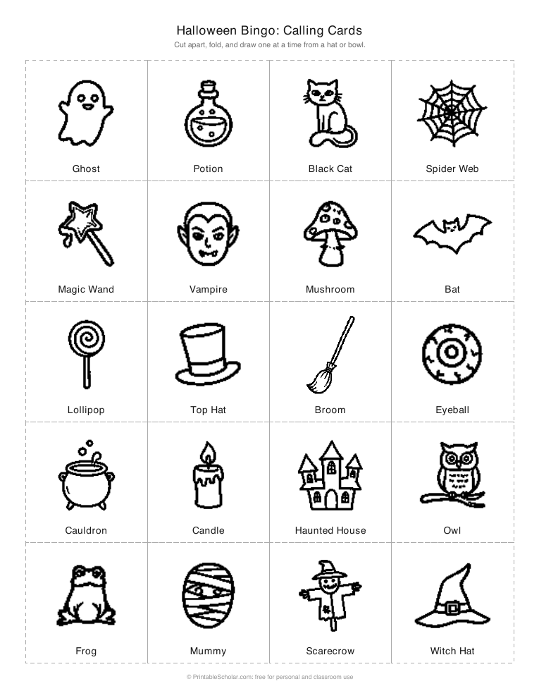 Halloween bingo calling cards printable: cut-apart picture cards for the caller