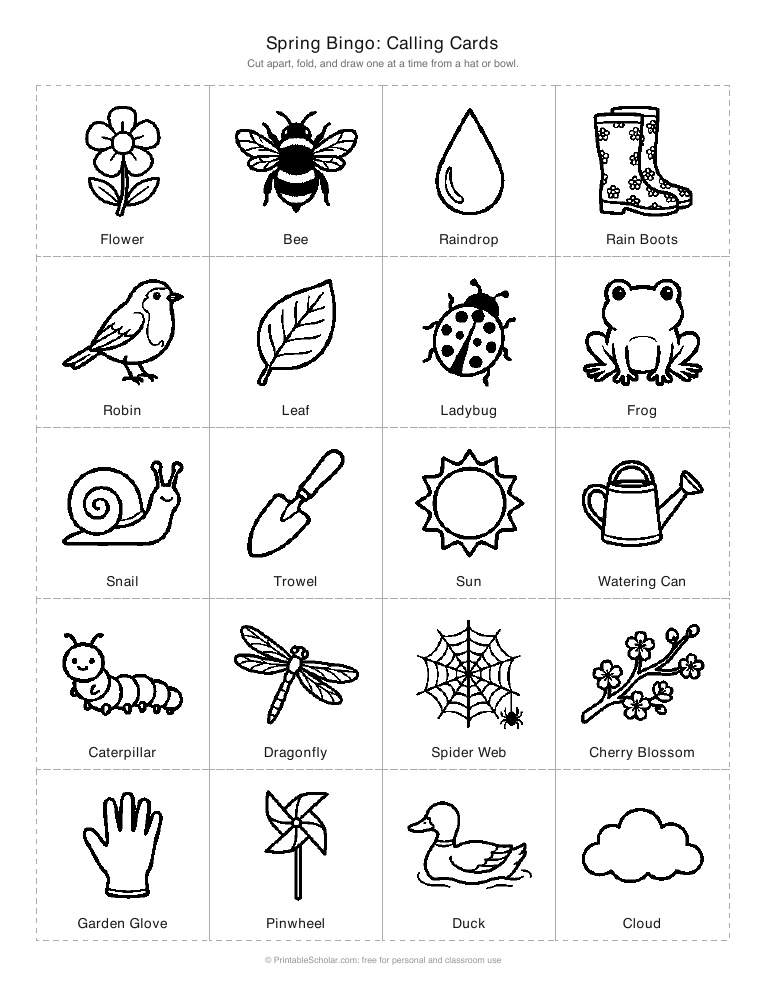 Spring bingo calling cards printable: cut-apart picture cards for the caller